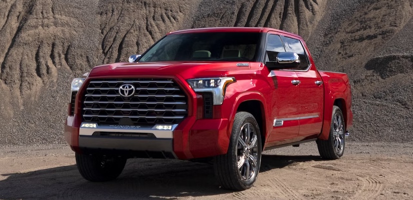 Exterior of red 2025 Toyota Tundra.