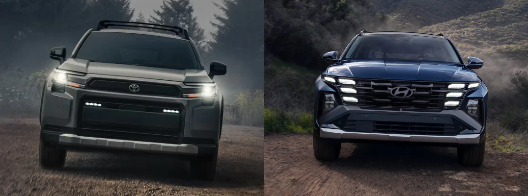 2026 Toyota RAV4 Hybrid and the 2026 Hyundai Tucson driving on dirt road