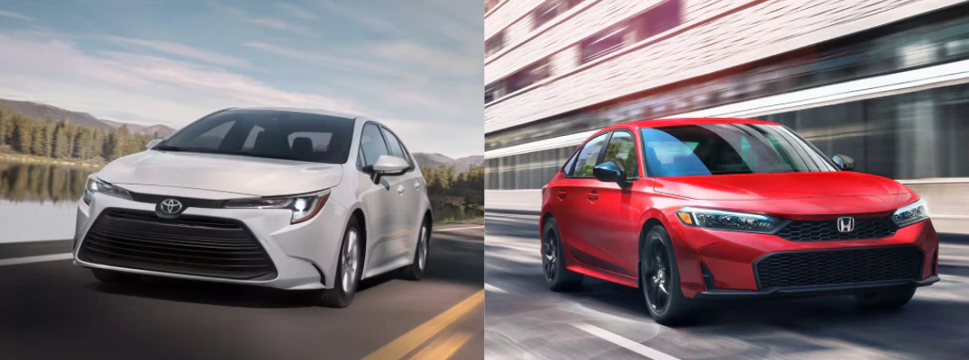 2026 Toyota Corolla driving on the country road and the 2026 Honda Civic driving in the city